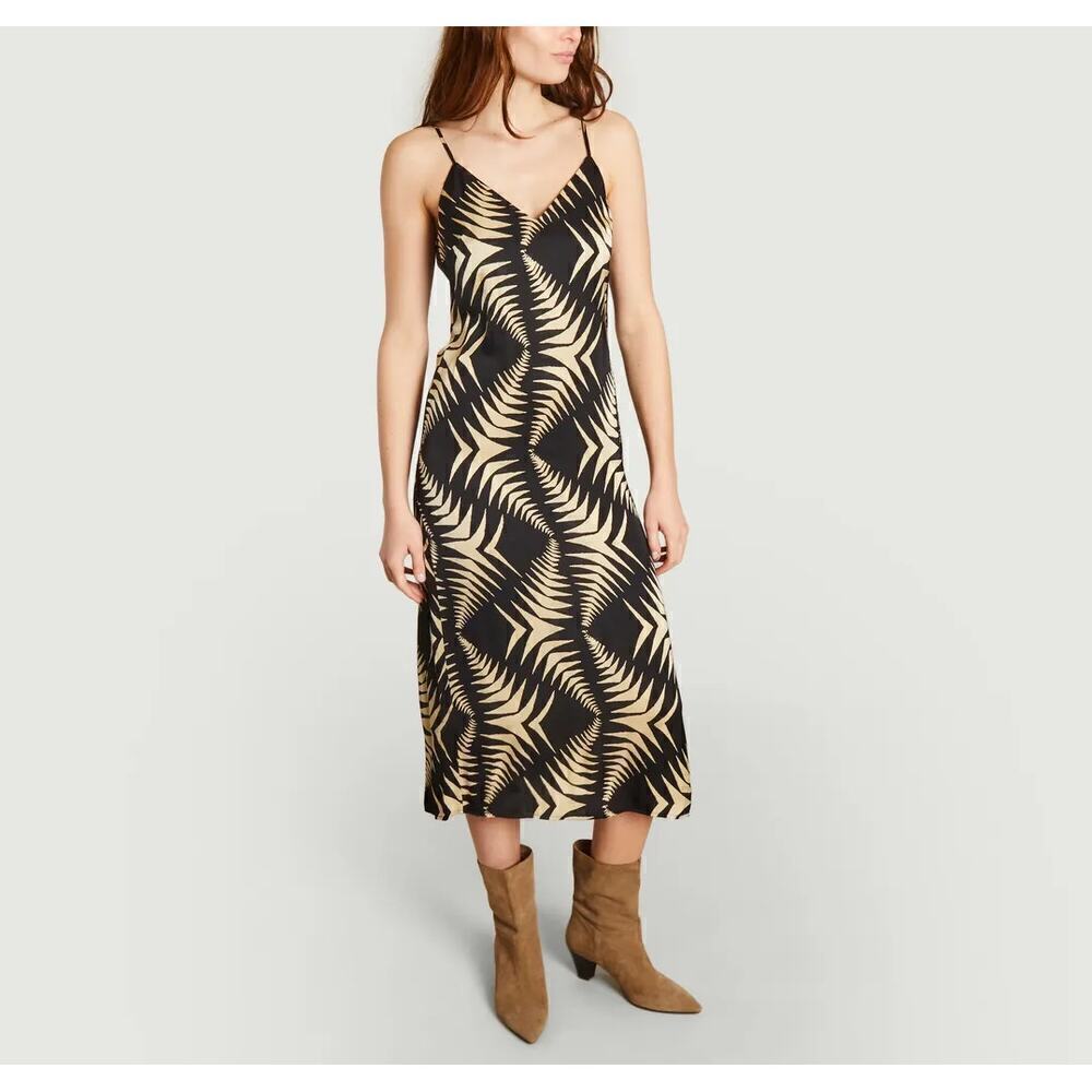 ba&sh Napi Dress Geo Print V Neck Backless Slip Midi Noir Black Tan NWT Large
